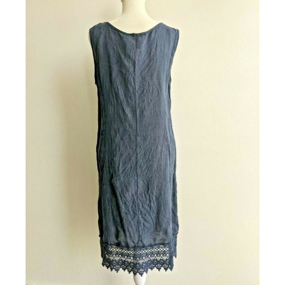 Lungo L'Arno Dress Small 100% Linen Sleeveless Crochet Trim Made in Italy BLUE - Picture 5 of 9